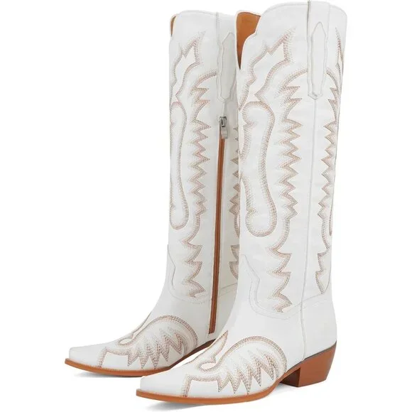 Women's White Western Cowboy Boots Knee High Chunky Heel Embroidery Boots - Picture 4 of 7